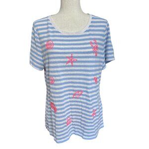 Talbots Shirt Women L Stars & Shells Crewneck Tee Linen Blend Blue White Stripe